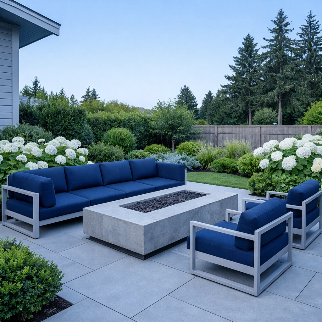 Serene garden patio with modern seating at a residential adult family home in Edmonds WA.