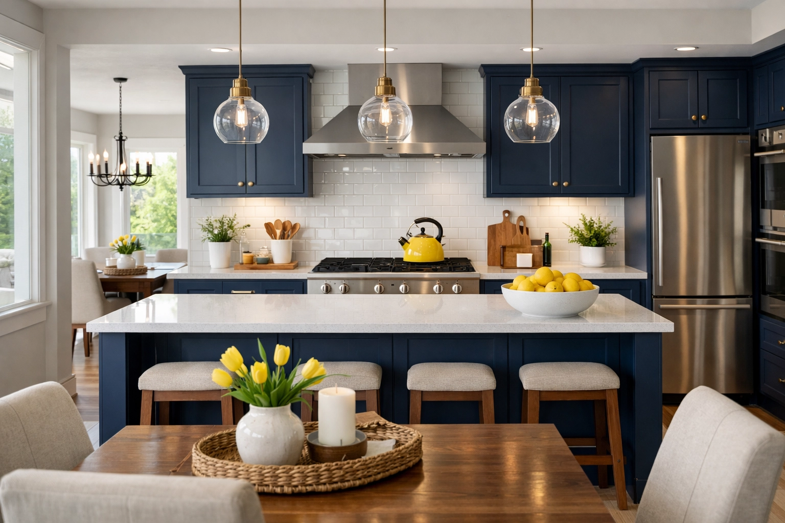 Pristine modern kitchen with navy cabinets ready for guests after an Orleans deep clean.