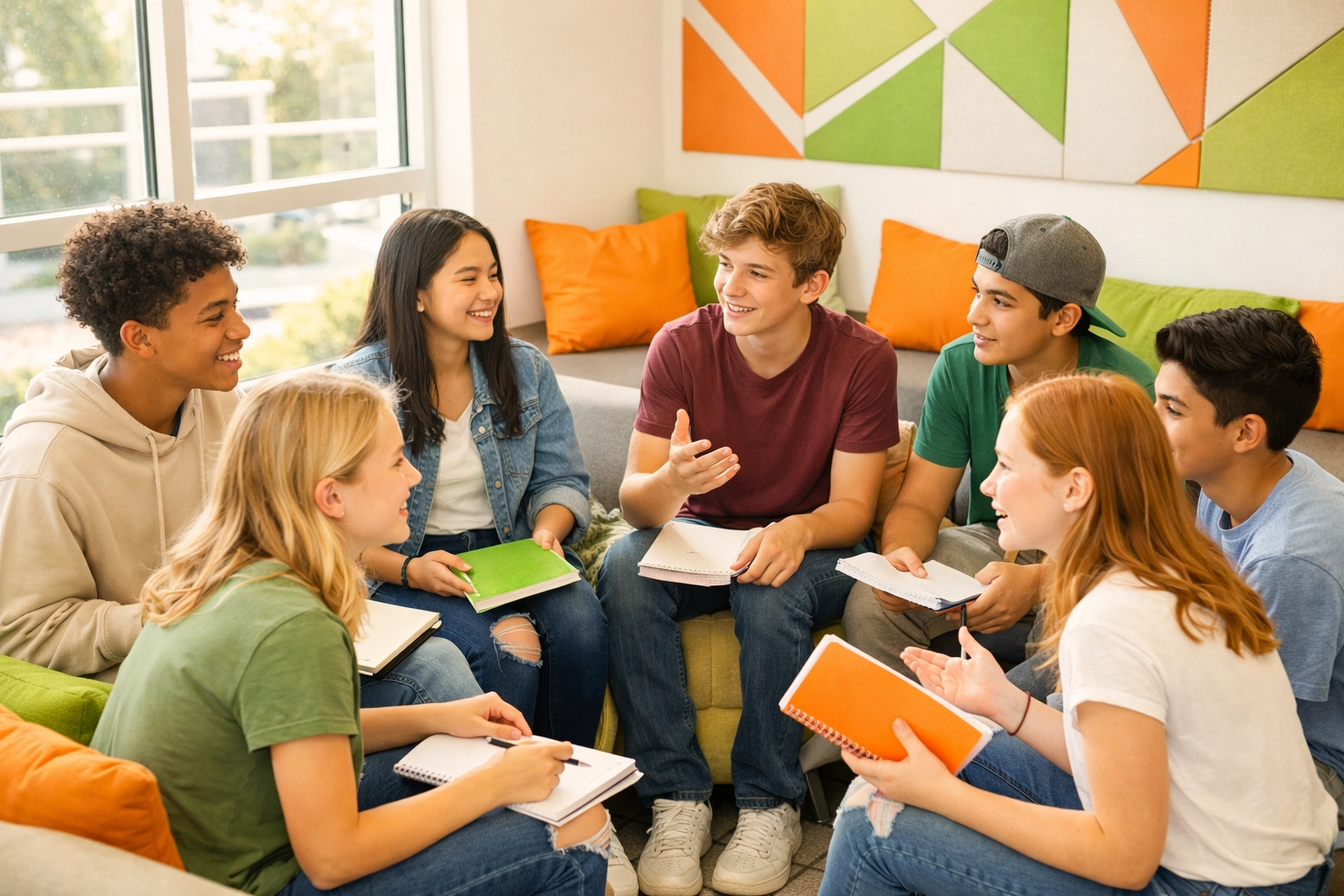 Diverse teenagers learning Christian life skills together in bright study space