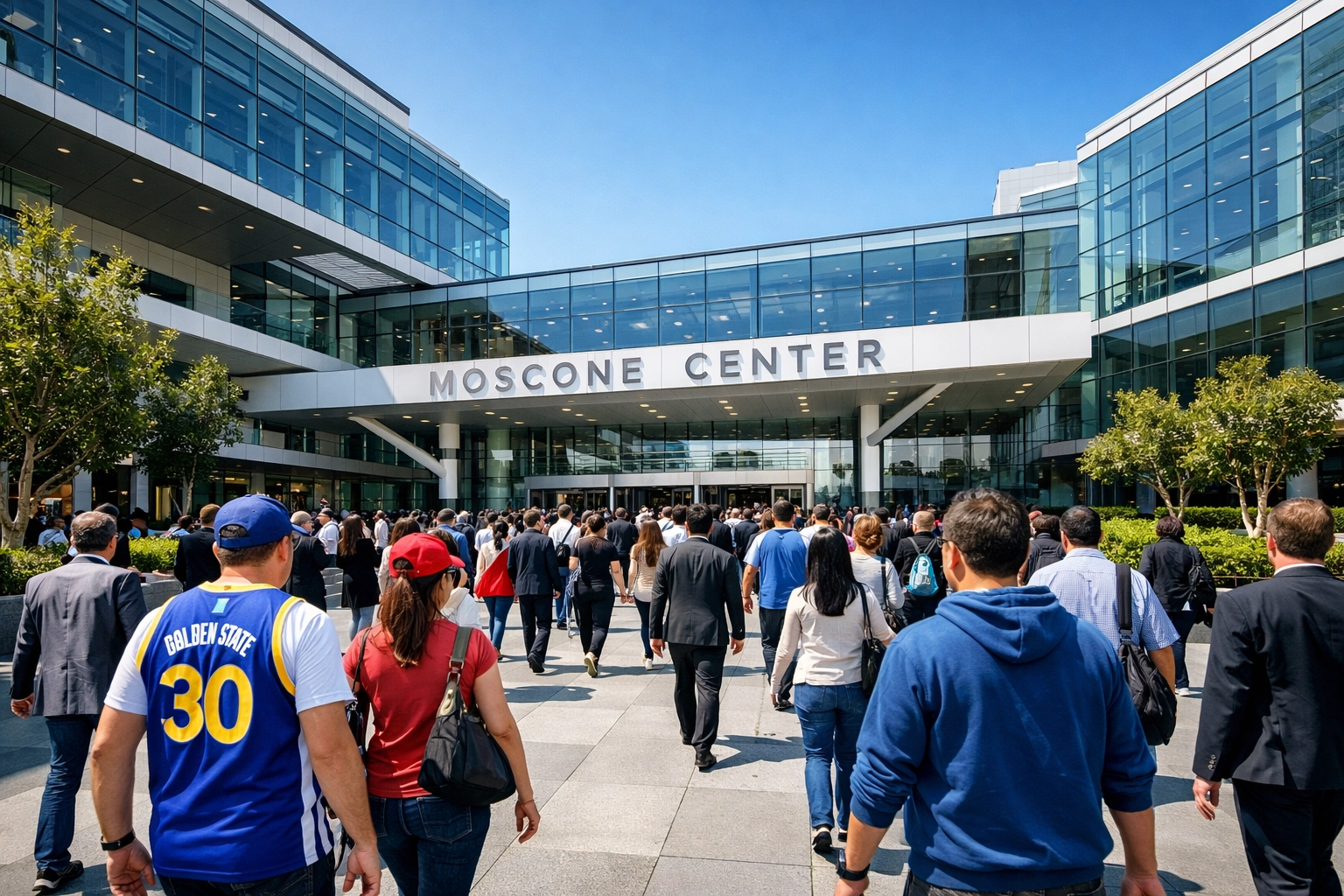 Crowds entering the Moscone Center in San Francisco for the Super Bowl 2026 fan experience event.
