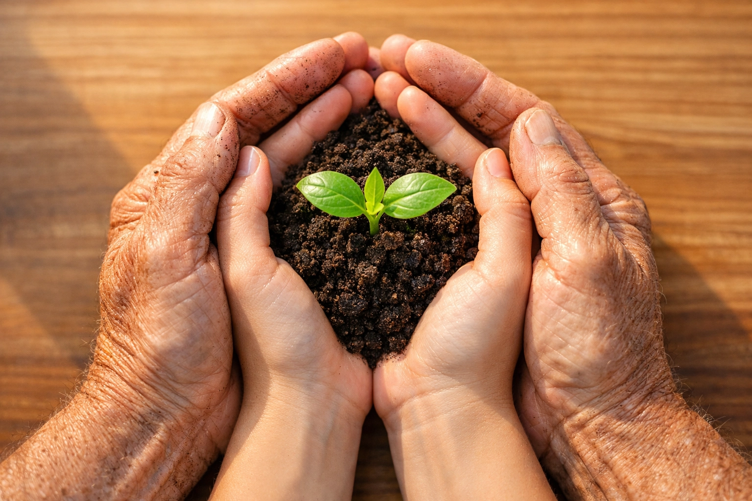 Two sets of hands nurturing a green seedling, illustrating local service and spiritual growth.