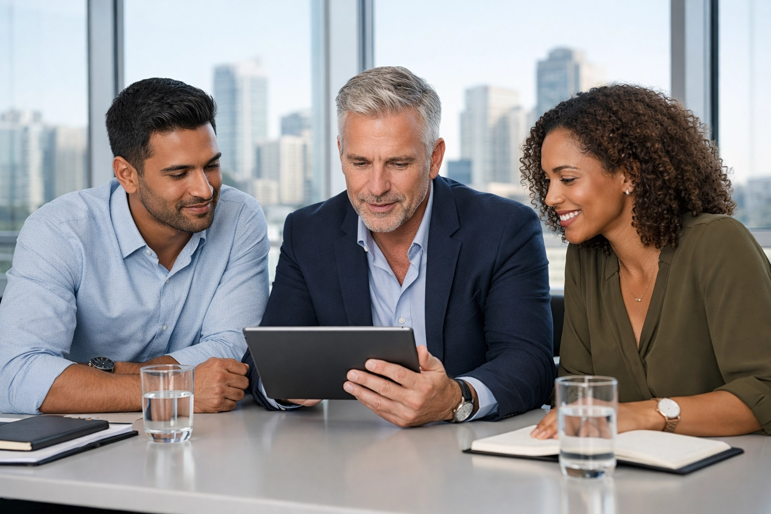 Strategic media consultants collaborating in a modern boardroom to optimize digital assets and business growth.