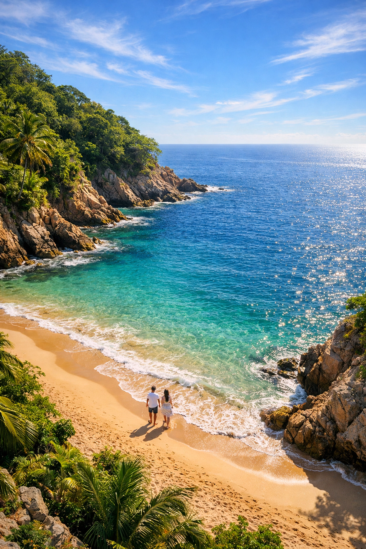 Secluded beach cove in Amapas with couple walking along pristine shoreline