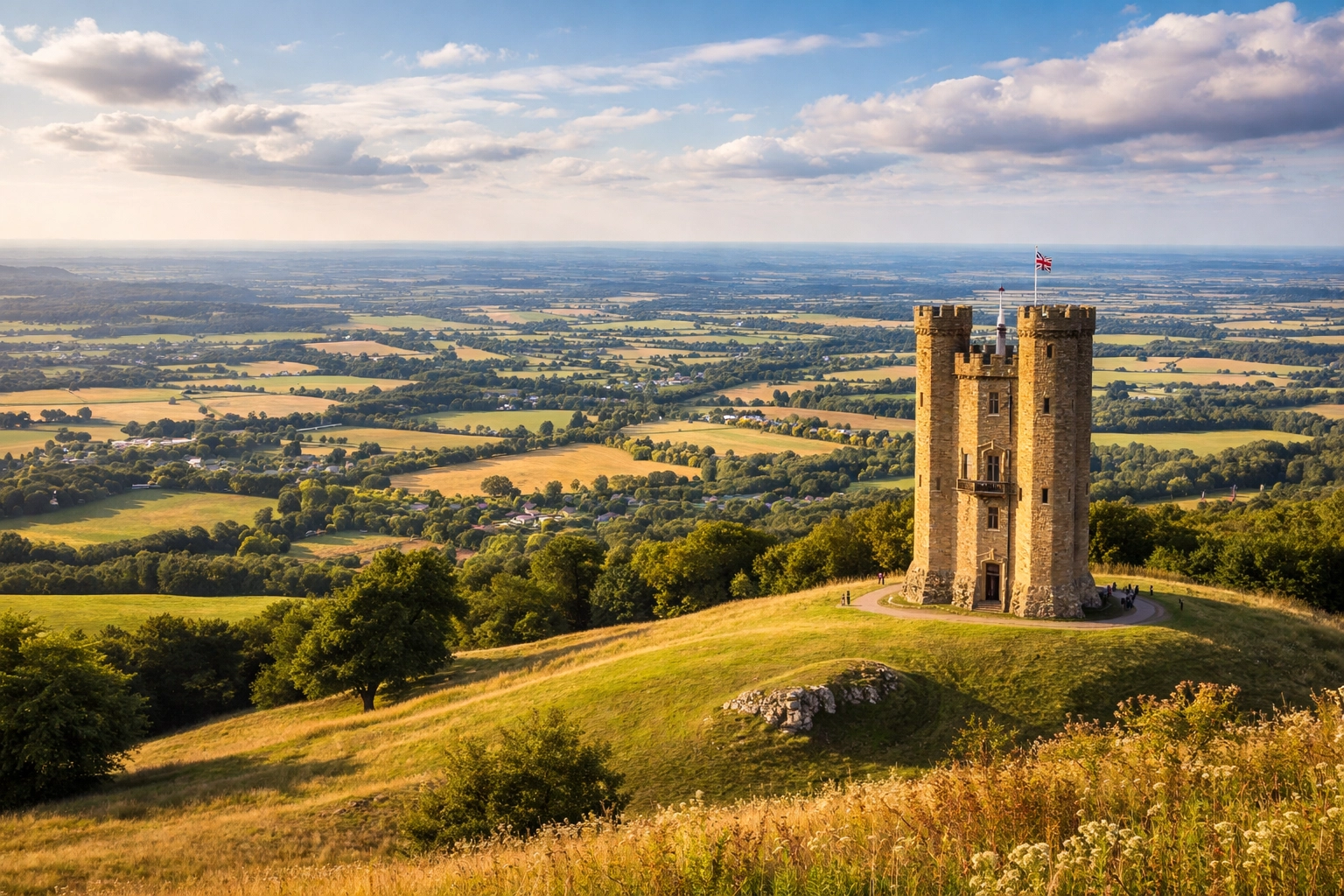 Panoramic view from Broadway Tower across Cotswolds countryside on a clear day tour