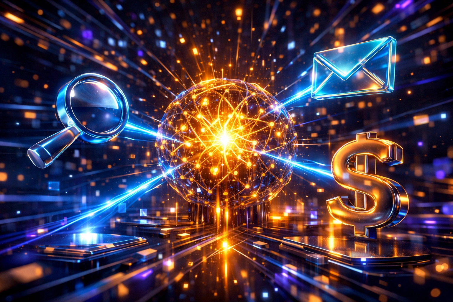 Abstract digital business ecosystem with AI as a central hub connecting SEO, email marketing, and sales