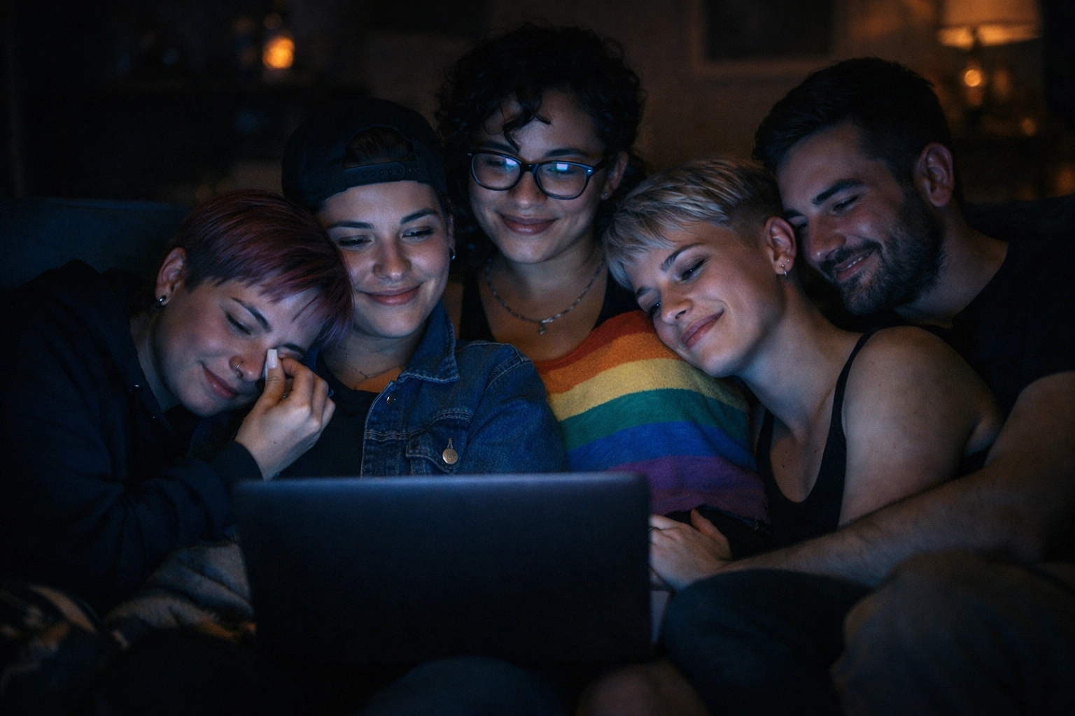 Close-knit LGBTQ+ friends watching an emotional video montage during a chosen family milestone.