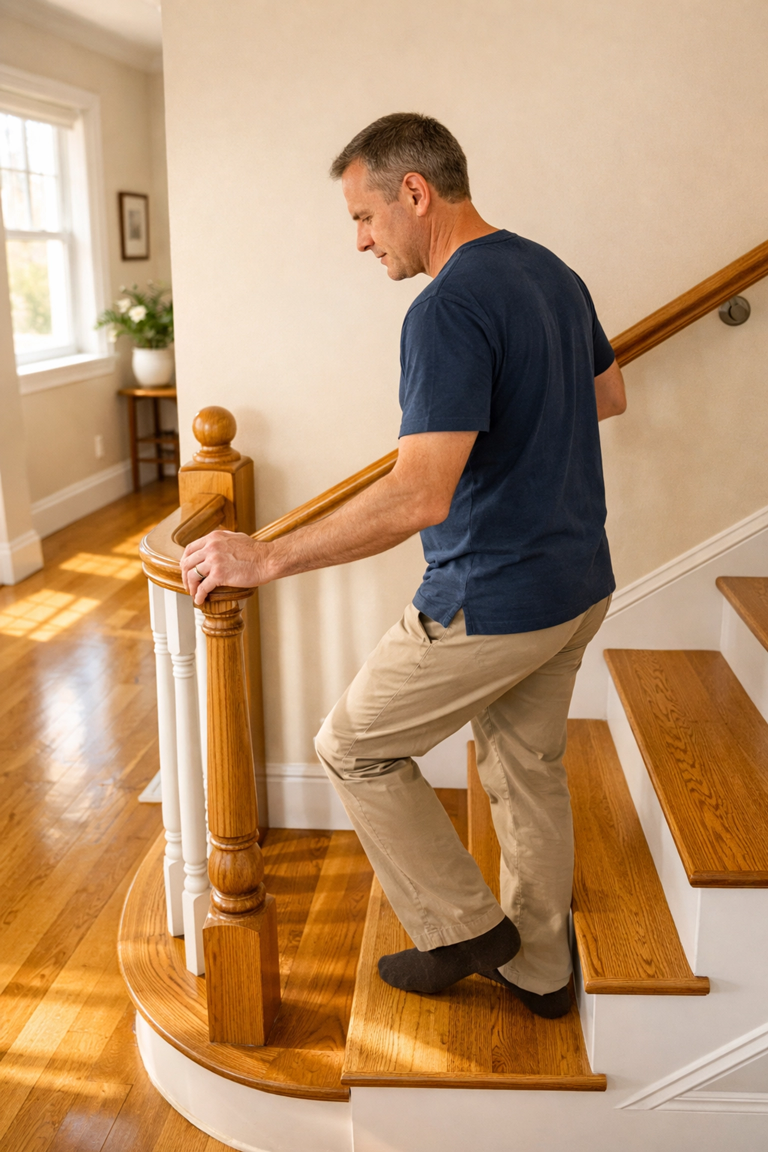 Man safely descending a staircase with his hand on the rail for better stability.