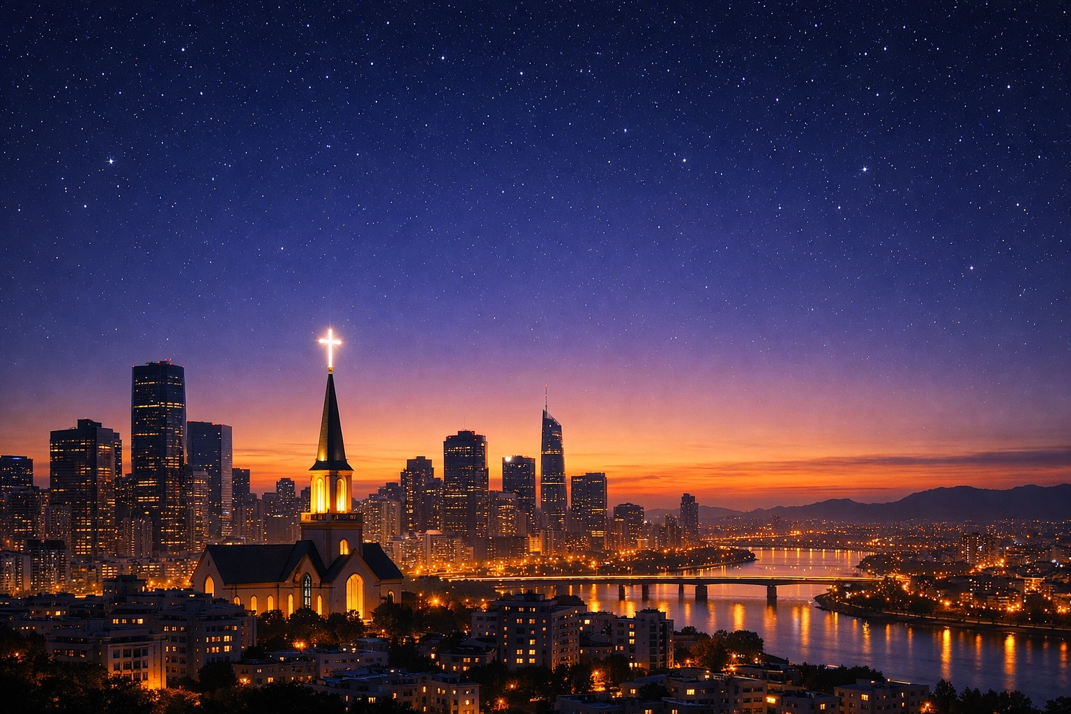 Peaceful city skyline at dawn showing God's presence for night shift workers' spiritual growth.