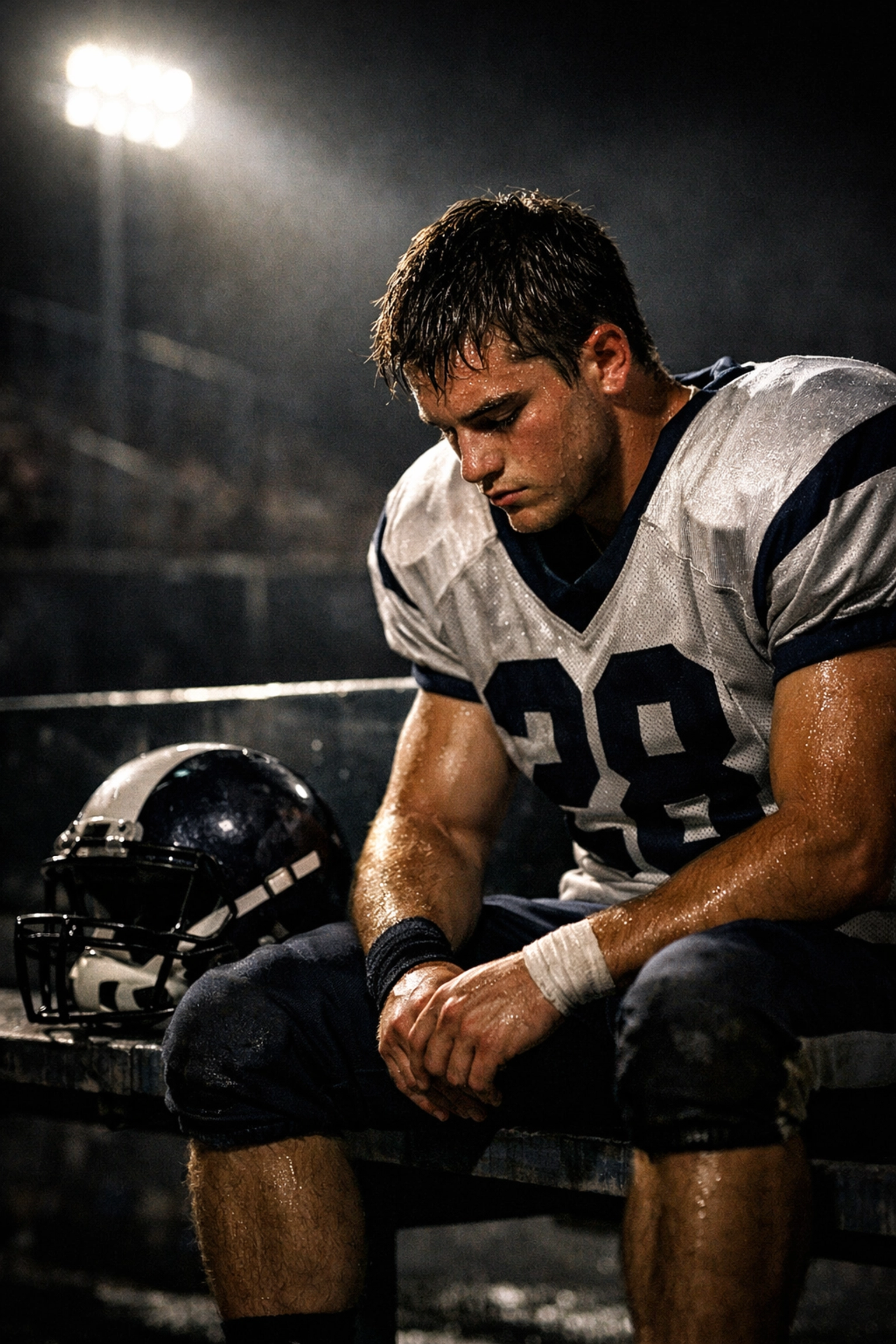Football player focused on mental preparation and positive self-talk before a high-stakes game.