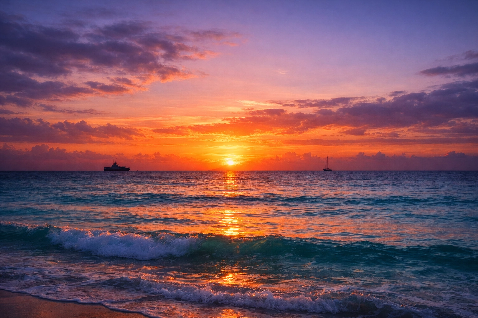 Peaceful Caribbean sunrise with ship silhouettes, reflecting a prayer for peace and diplomacy in international waters.