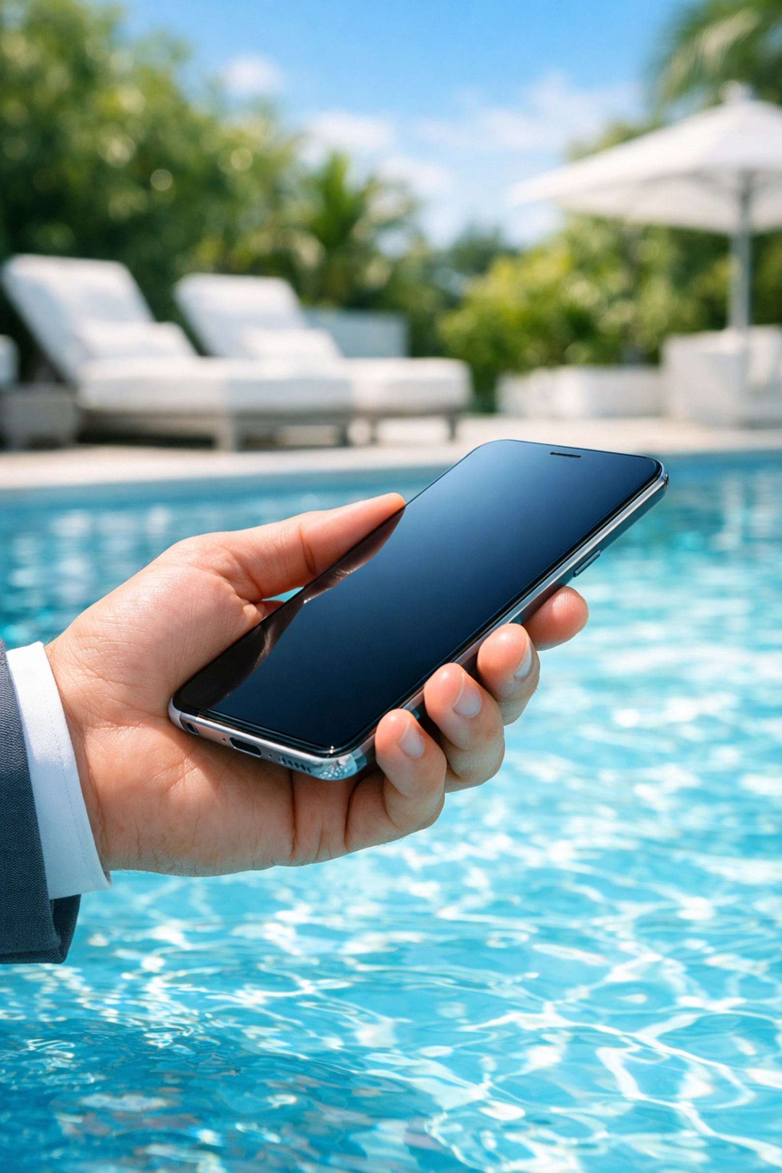 Smartphone over clear water illustrating the personalized boutique pool route brokerage service.