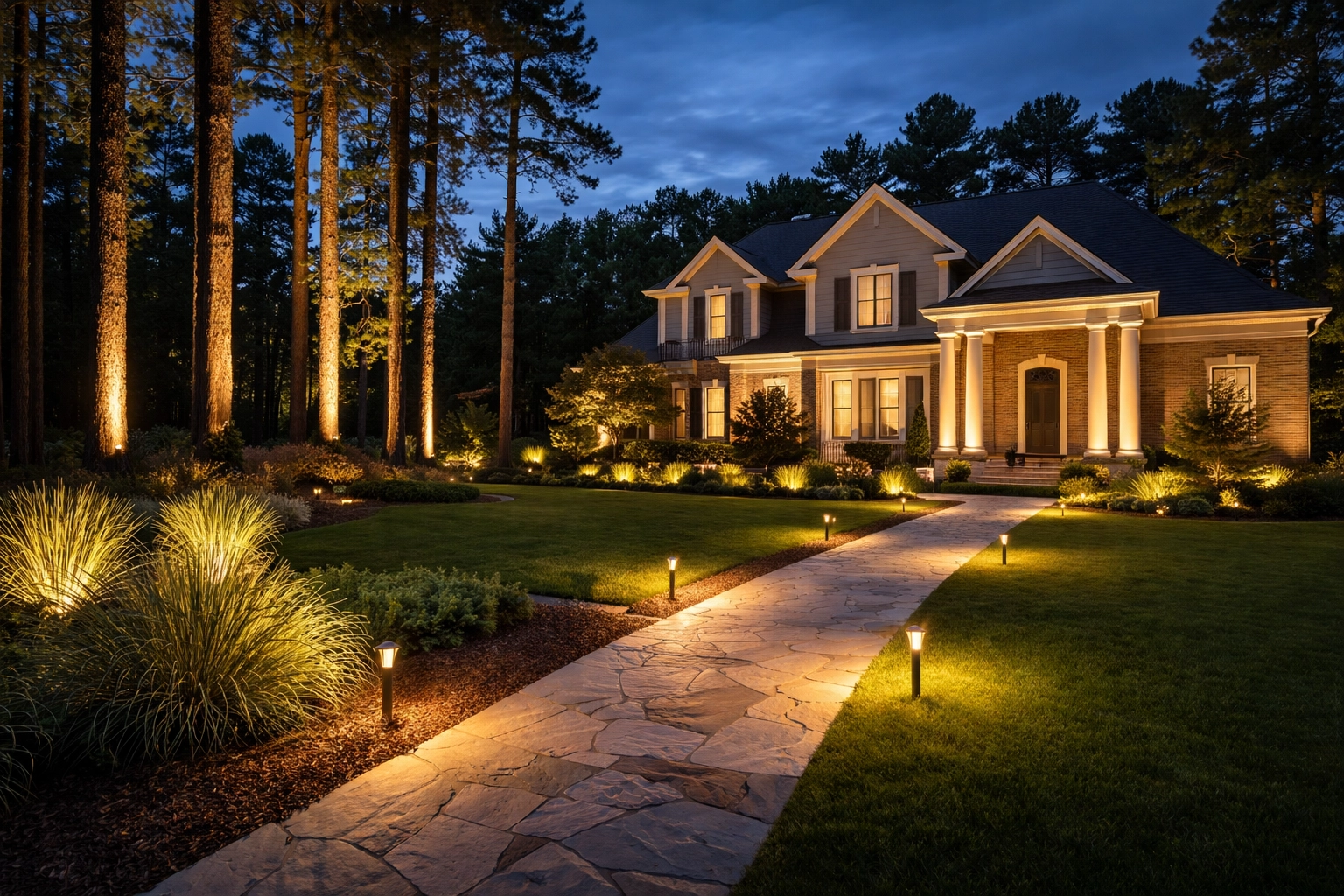 Twilight scene of a Gwinnett County home's exterior with completed professional outdoor lighting installation.