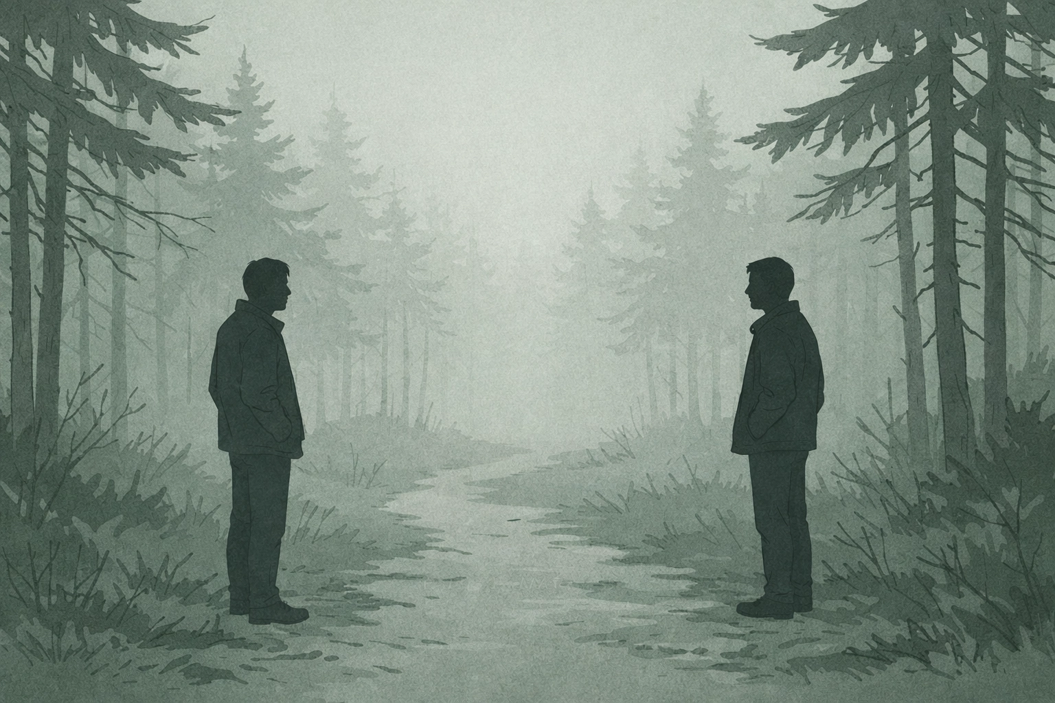 Two men across misty Scandinavian forest path embodying quiet yearning in MM fiction