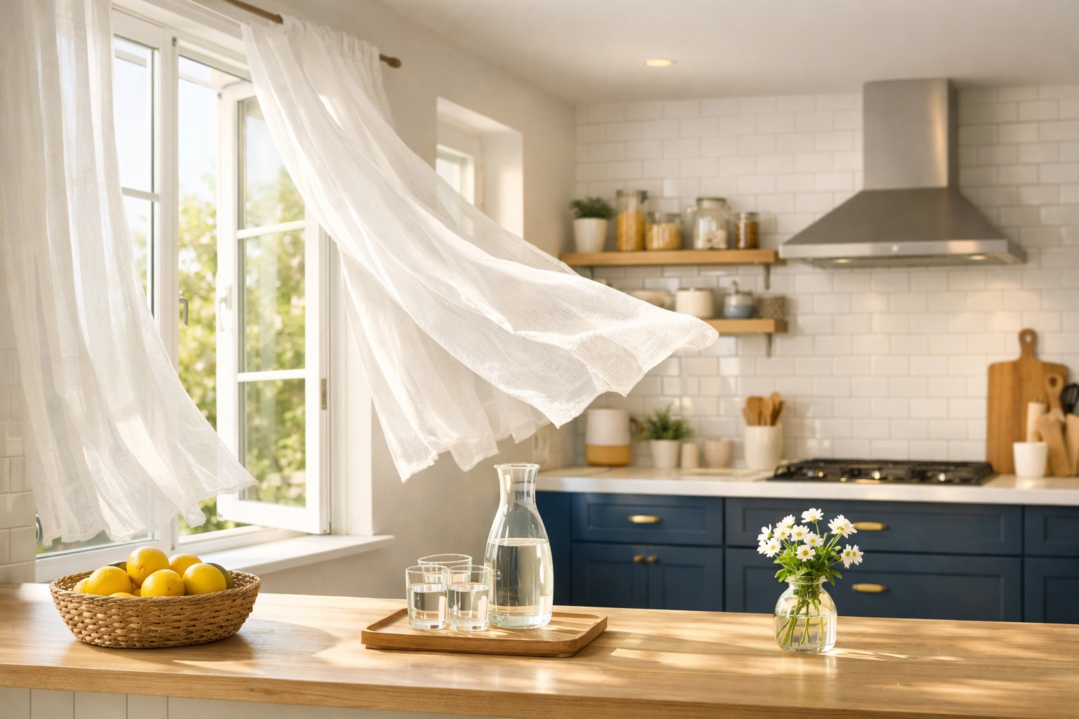 Fresh air flowing through a clean, sunlit kitchen with open windows and white curtains.