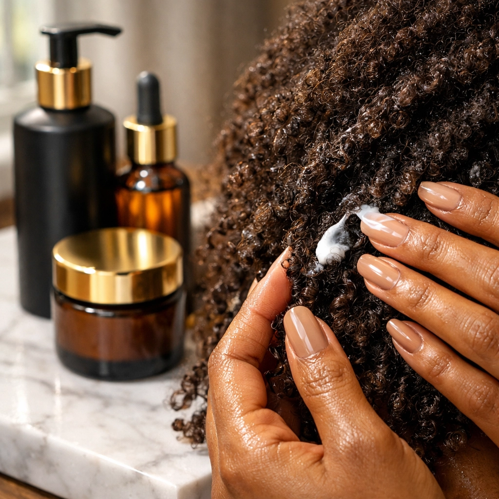 Natural hair care routine with Black-owned beauty products applied to healthy textured coils and curls