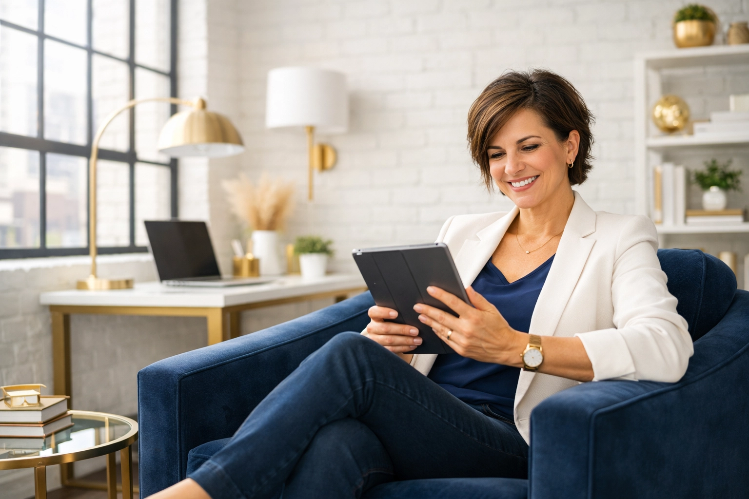 Confident entrepreneur in a loft office relaxing after delegating business bookkeeping chores.