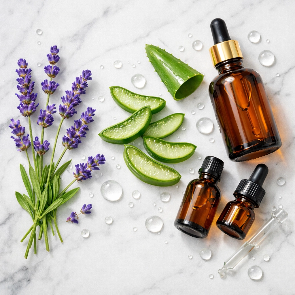 Lavender and aloe vera botanical ingredients for plant-based nervous system support and wellness.