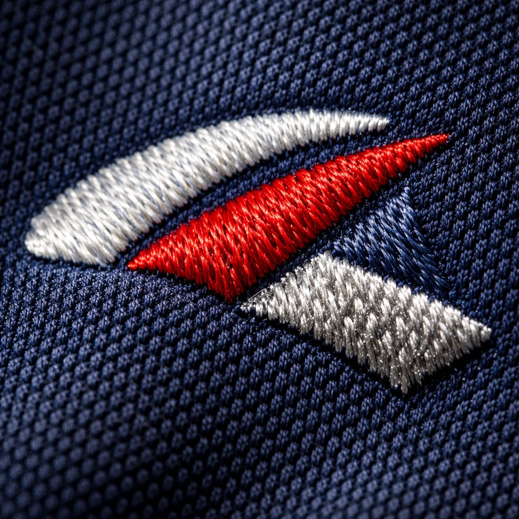 Detailed close-up of high-quality custom embroidery on a professional navy blue polo shirt.