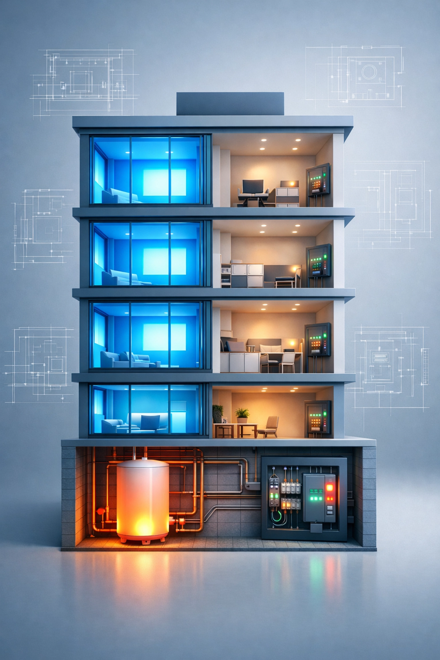 Building model showcasing Major Capital Improvements, featuring modernized windows, upgraded interior spaces, and essential systems like a boiler and electrical panel, relevant to property management and tenant benefits.