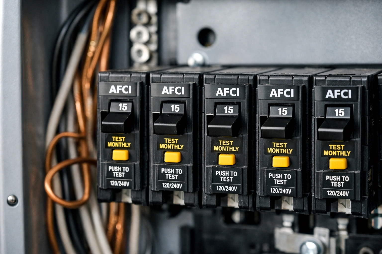 AFCI circuit breakers installed in residential electrical panel per NEC 2026 code requirements