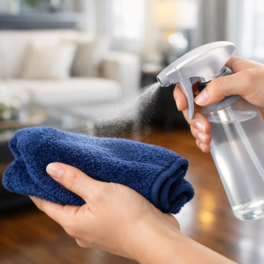 Professional technique for house cleaning Shirley MA: spraying cleaner onto a cloth to protect delicate furniture.