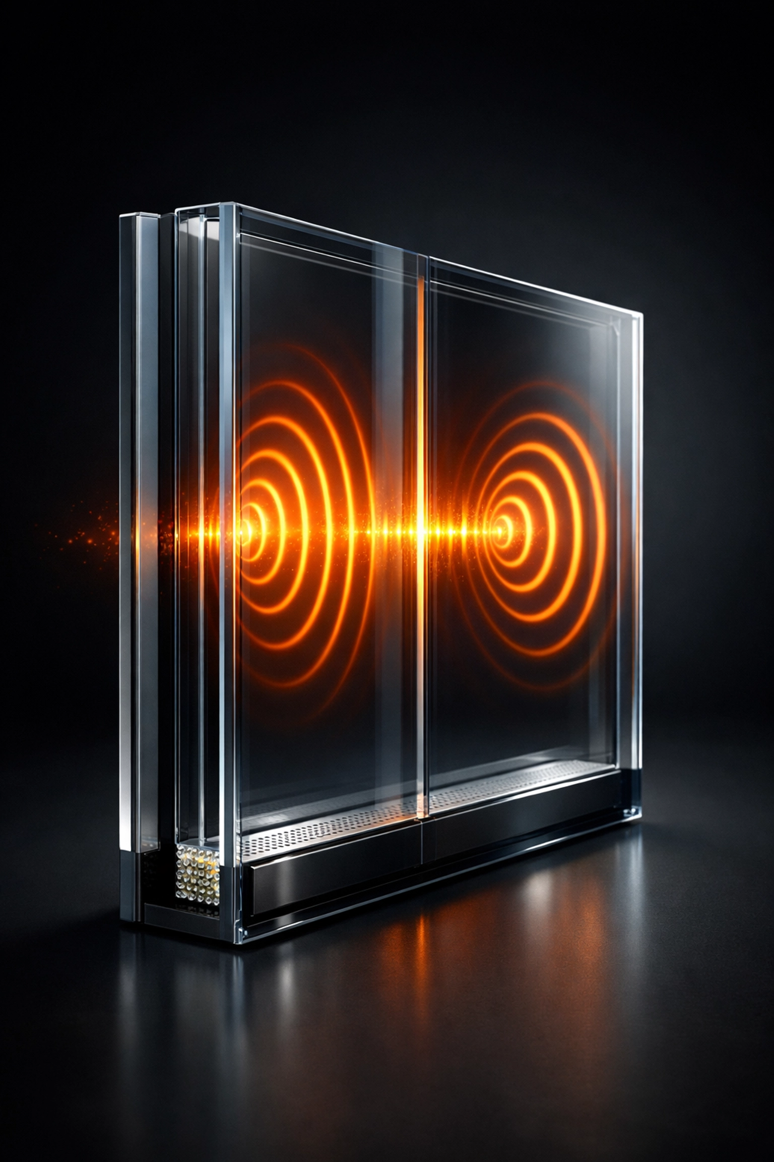 Cross-section showing how sound waves pass through standard double glazing panes.