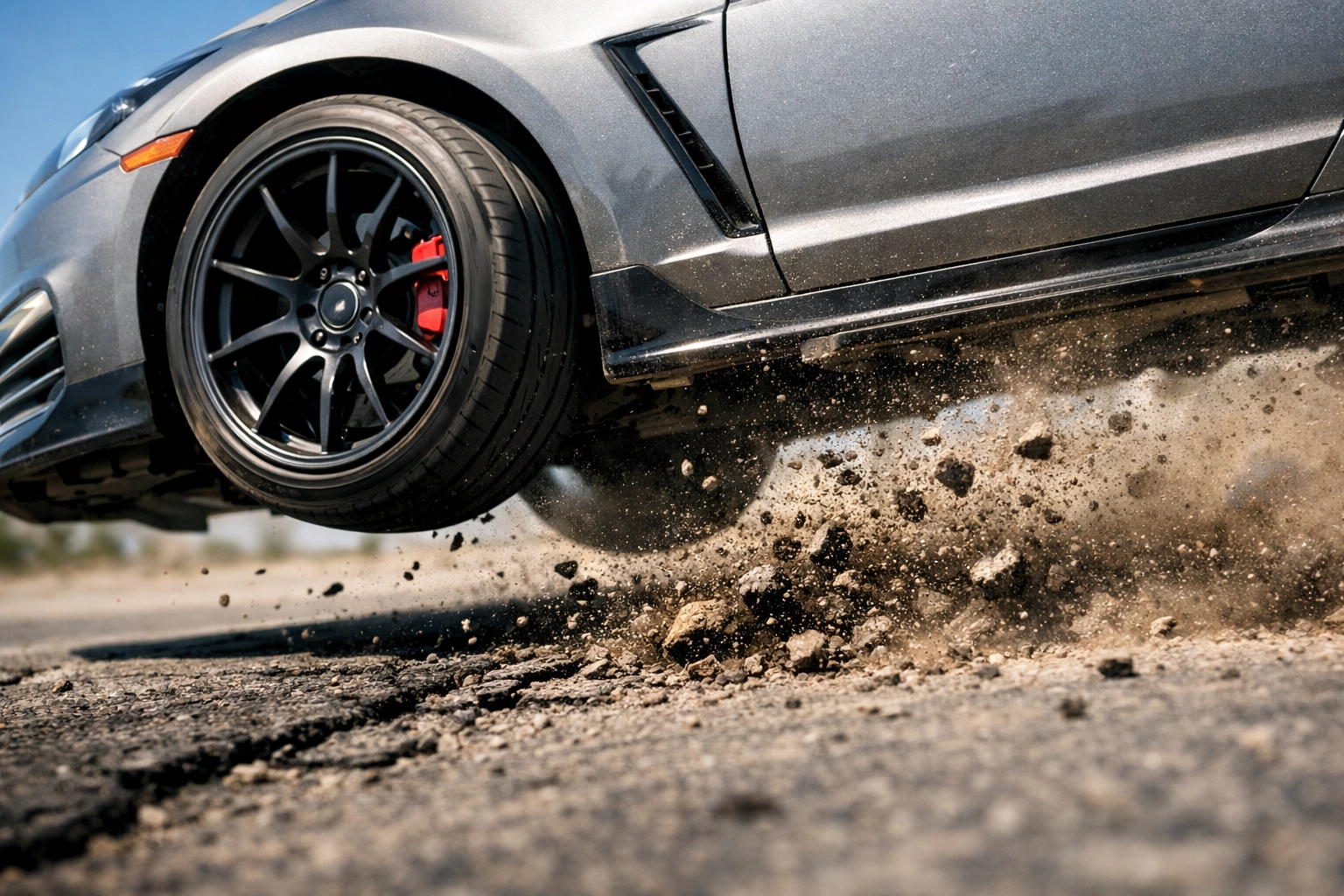 A performance car tire losing contact with the road due to overly stiff suspension modifications.