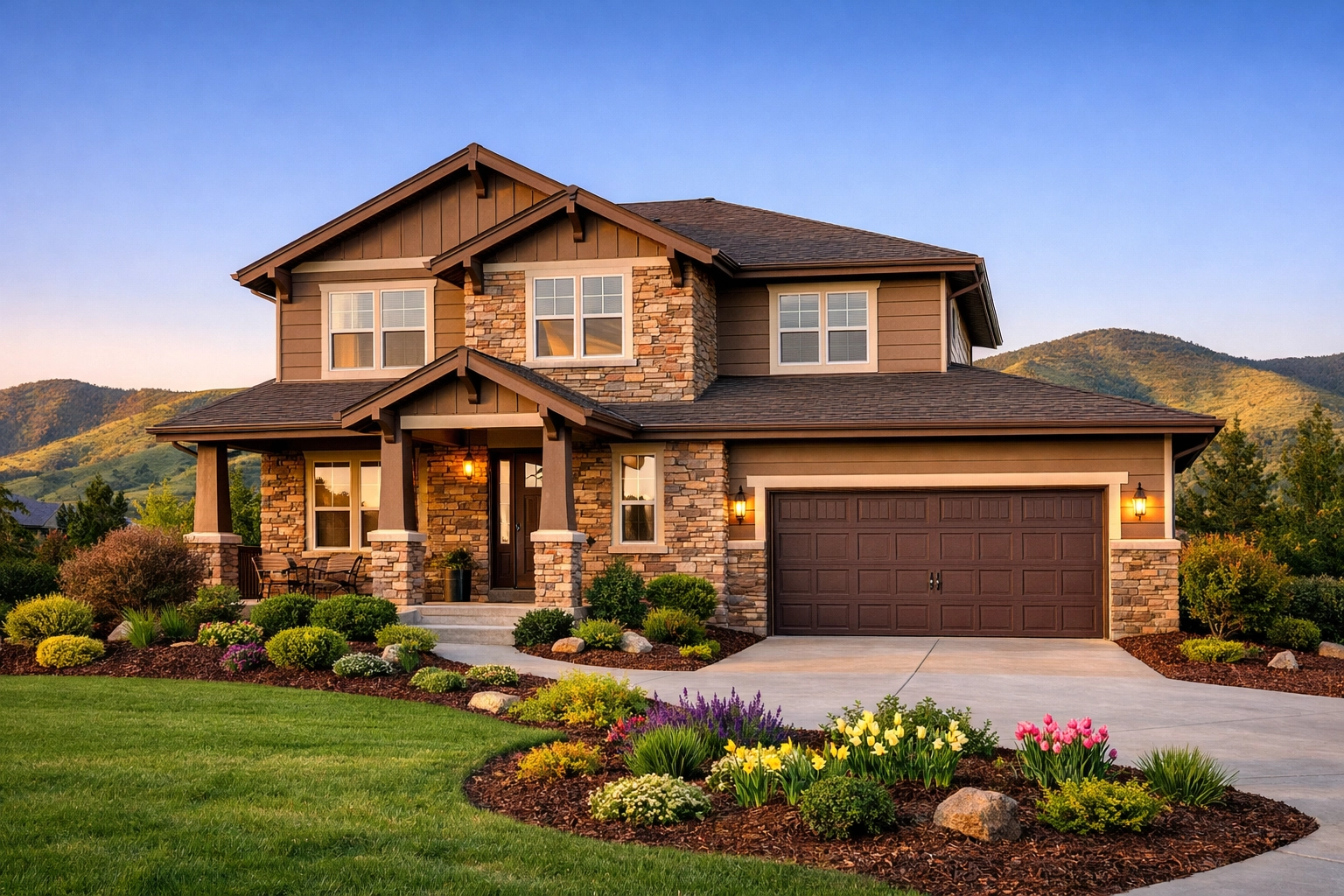 Modern two-story Littleton home with professional landscaping and a view of the Colorado foothills in the distance.