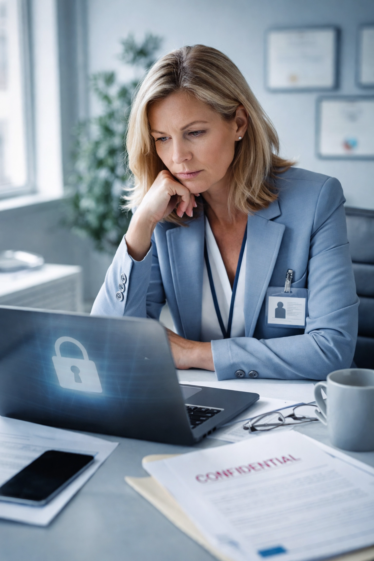 Healthcare administrator reviewing confidential clinical documentation on laptop, emphasizing patient data privacy and HIPAA compliance risks.