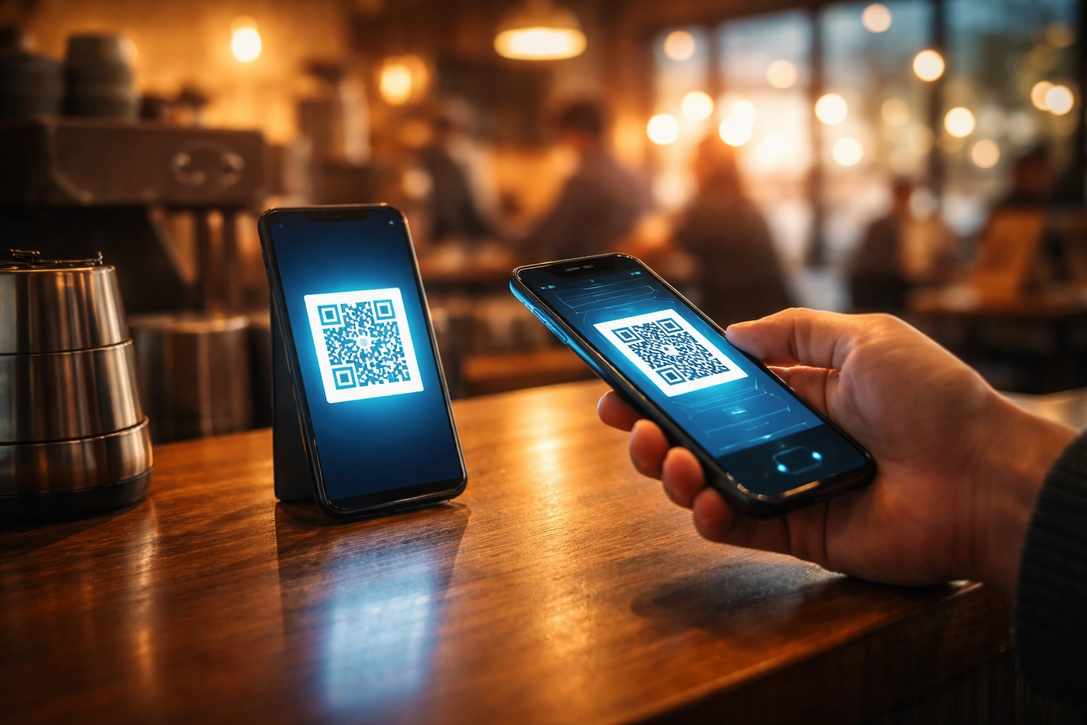 Customer scanning QR code in a modern coffee shop, showing Larecoin’s seamless crypto point-of-sale payment system.