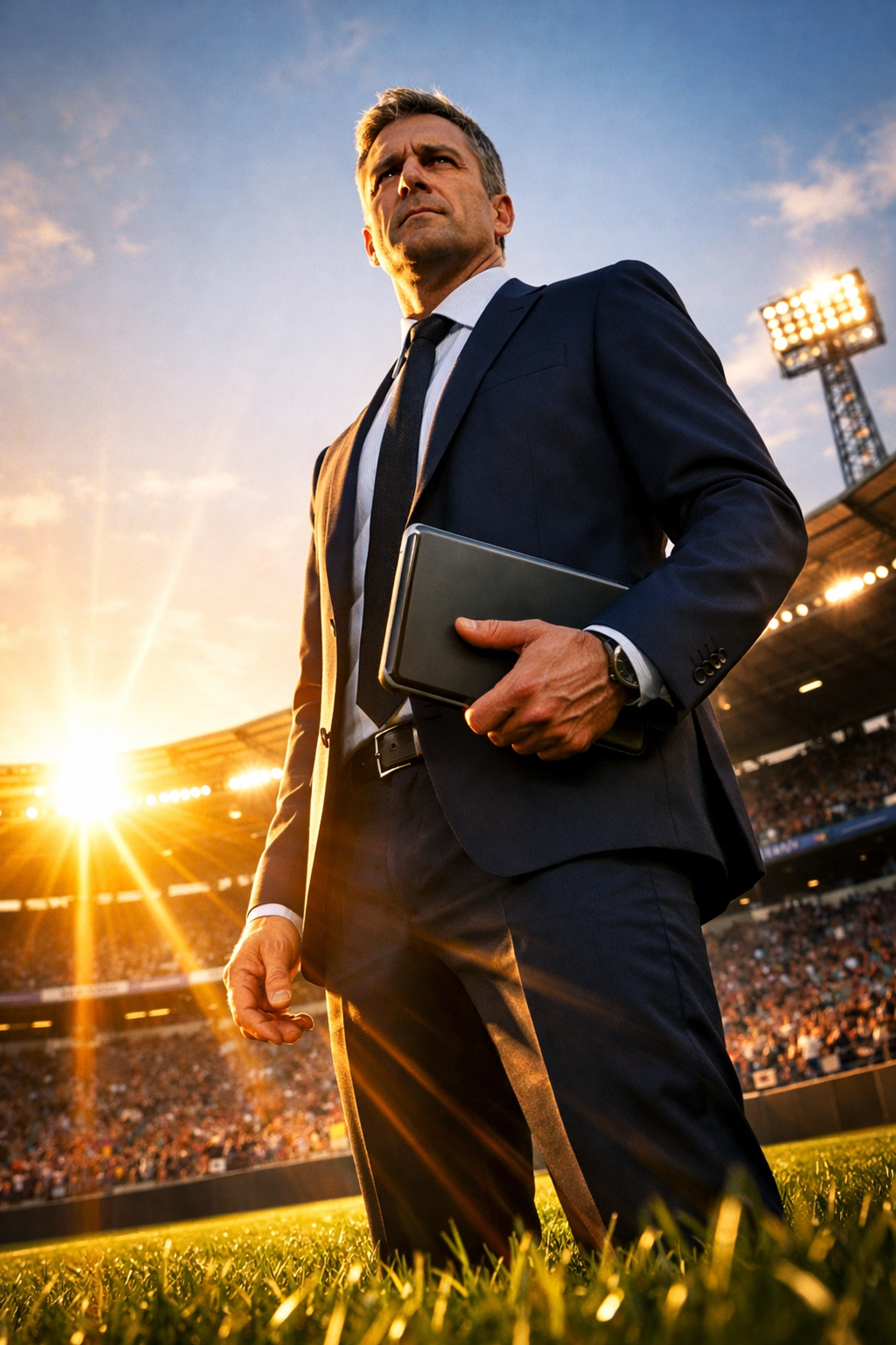 Sports executive in a suit at a stadium managing business deals and NIL marketplace opportunities on a tablet.