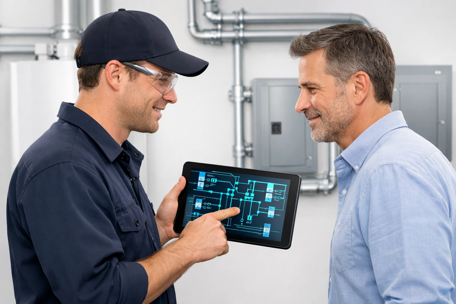 Florida electrician reviewing electrical schematics with a client to ensure safety and code compliance.