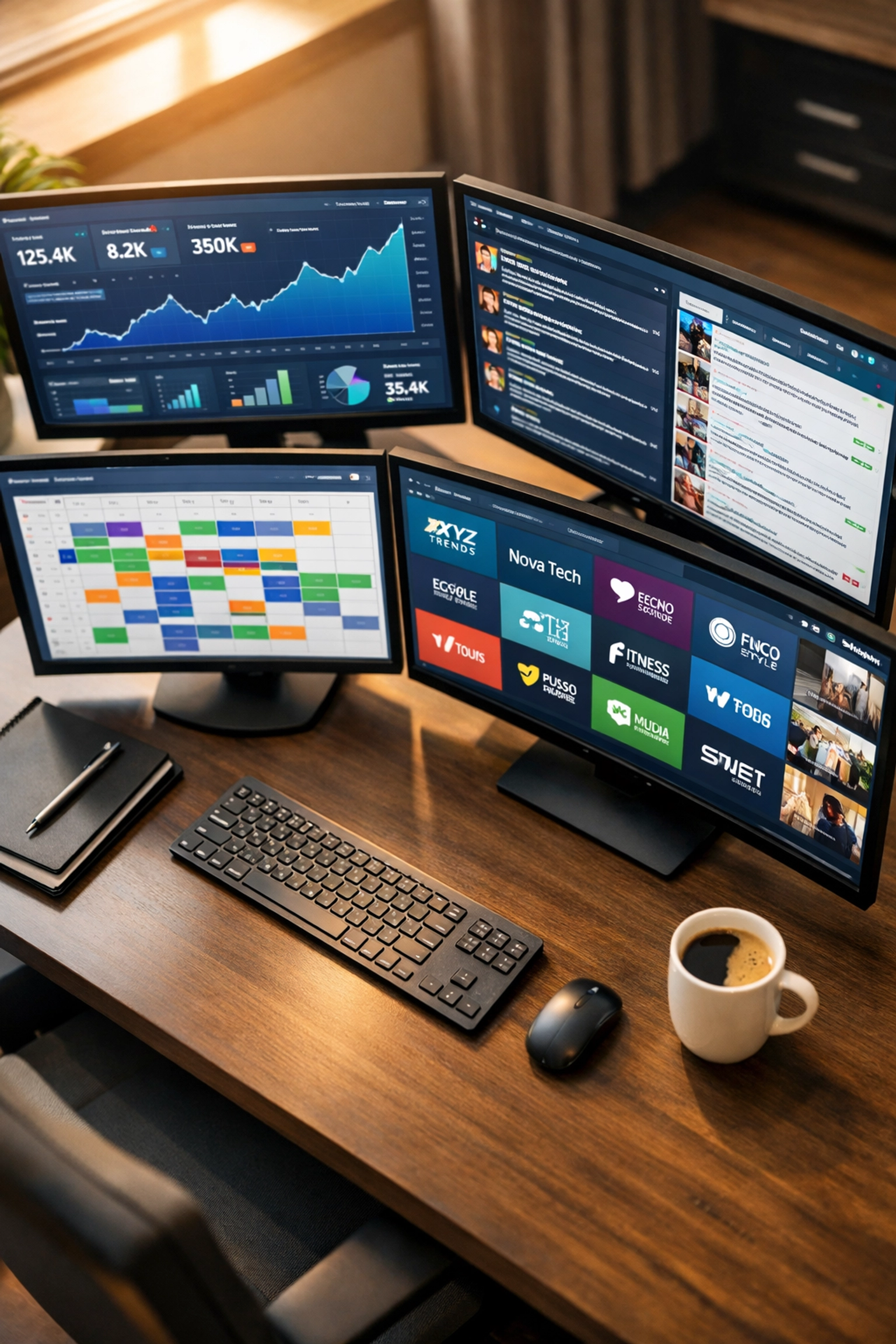 Multi-monitor command center workspace managing Dakdan's portfolio of 20+ media and entertainment brands