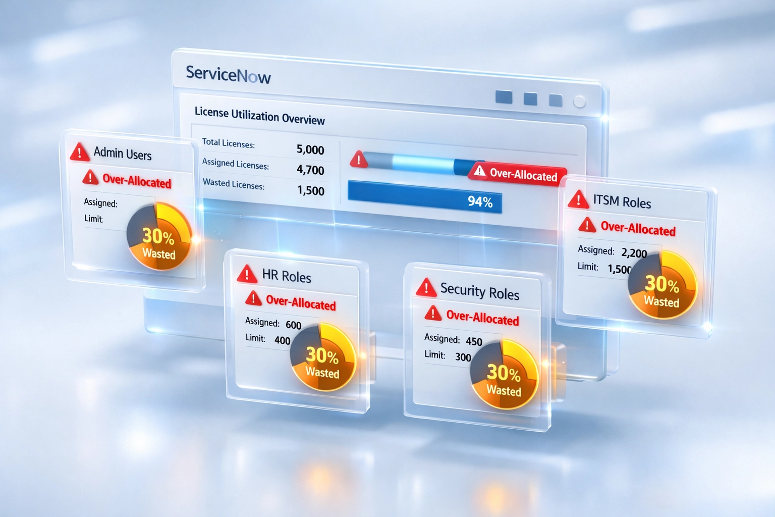 ServiceNow ITAM dashboard showing license utilization alerts and role allocation waste