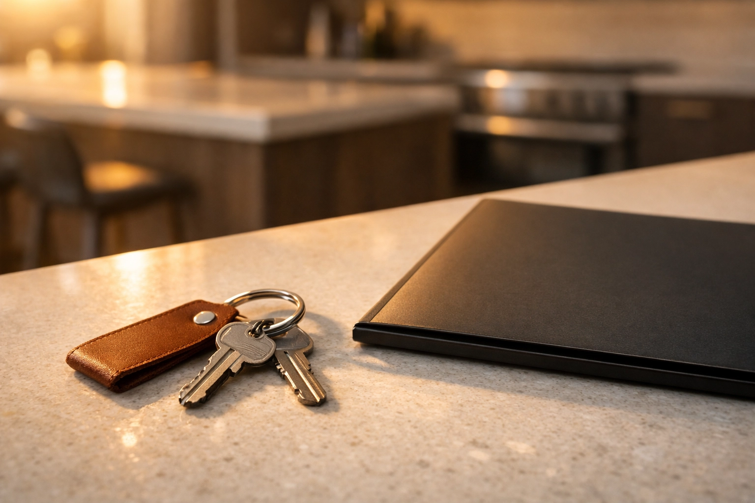 Apartment keys and closing papers on a kitchen counter after selling a Nashville condo for cash.