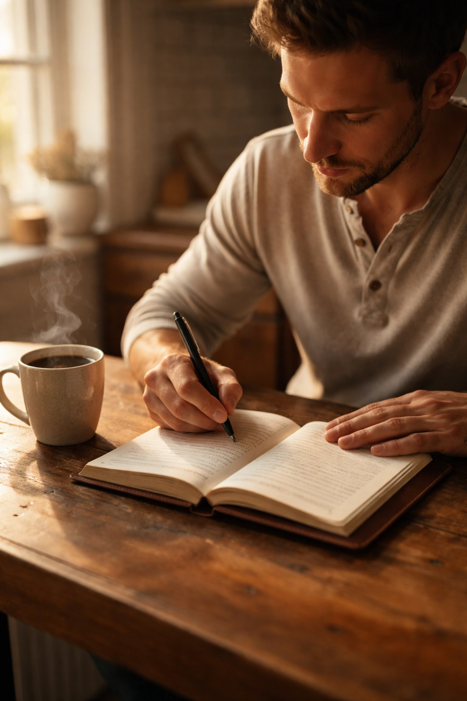 Férfi naplóba ír reggeli kávé mellett, önreflexió és merevedési zavar okainak feltérképezése során.