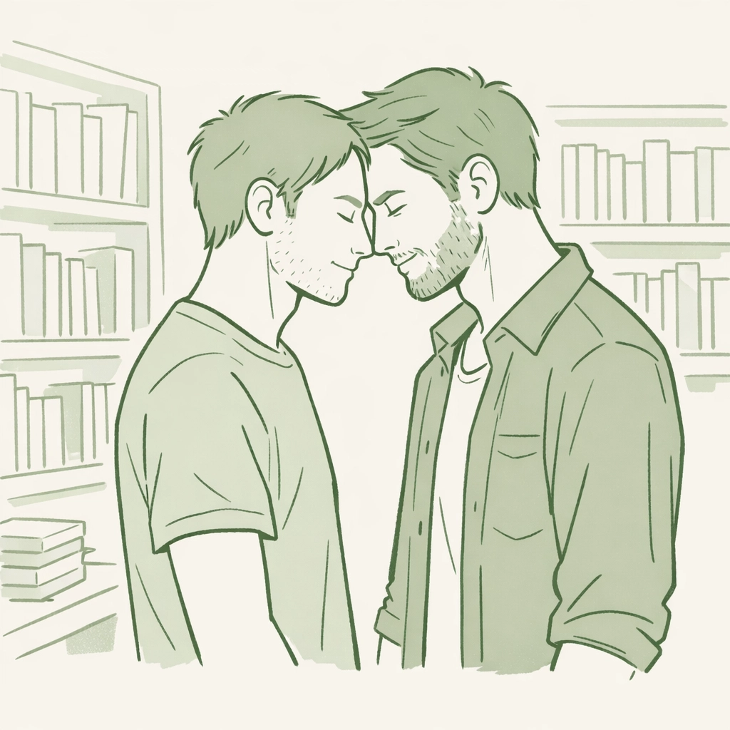 Gay couple sharing intimate moment in bookstore representing authentic queer fiction