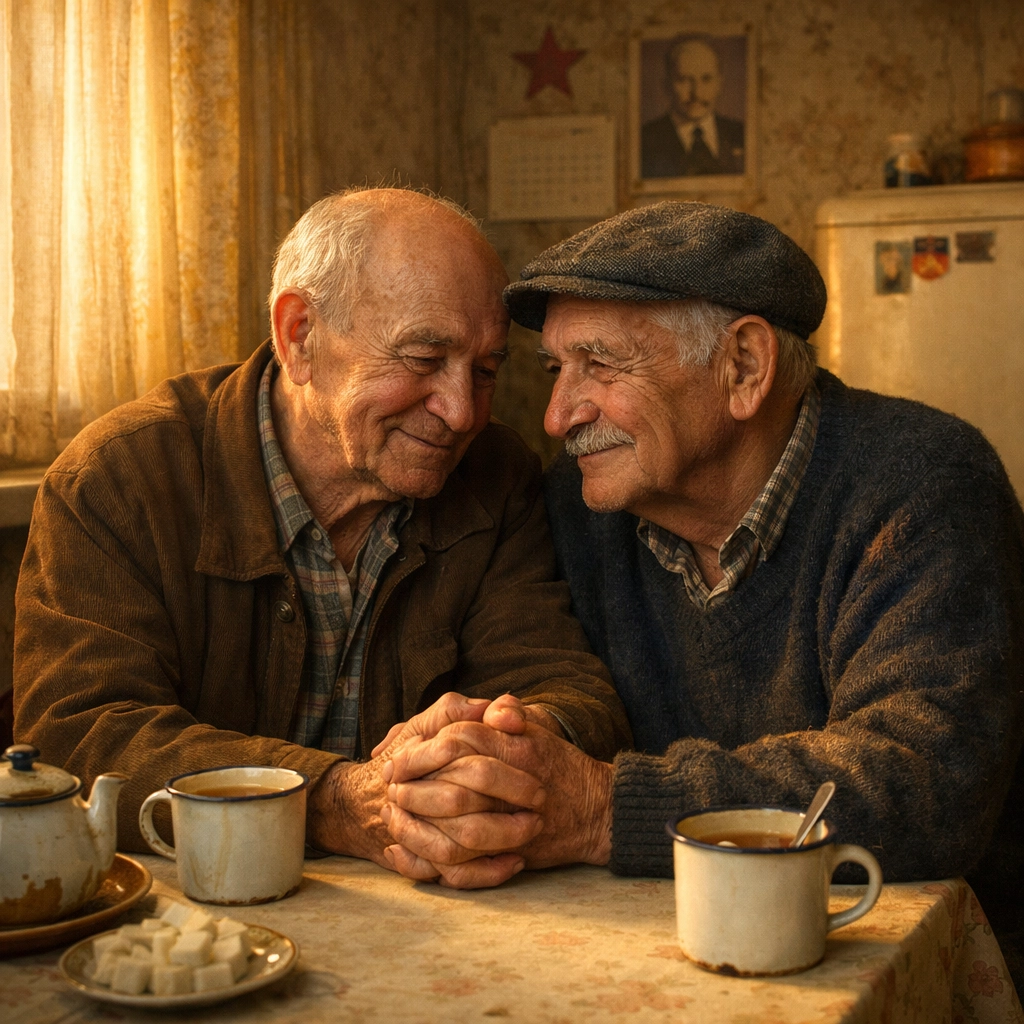 Elderly gay couple holding hands in Soviet apartment after decades of hidden love and repression