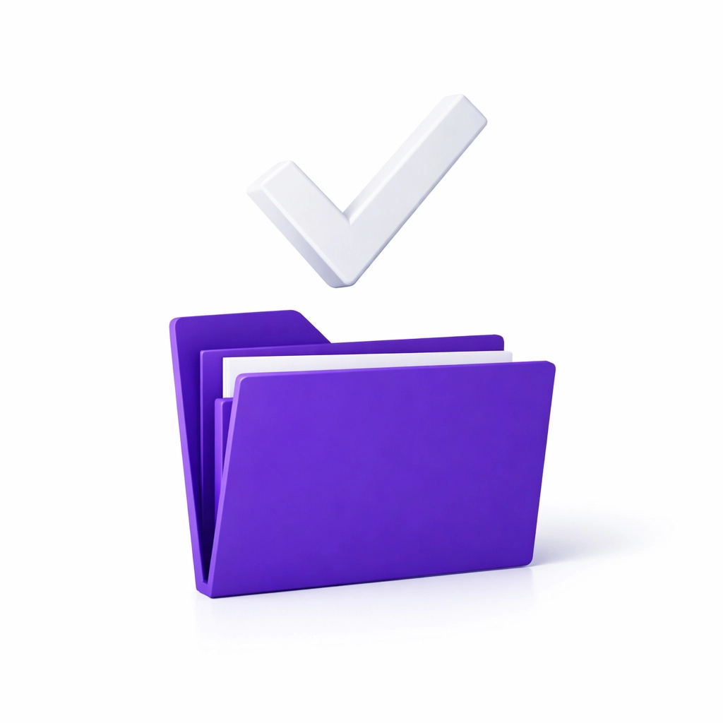 Purple folder with a checkmark illustrating a completed bookkeeping cleanup and organized business records.
