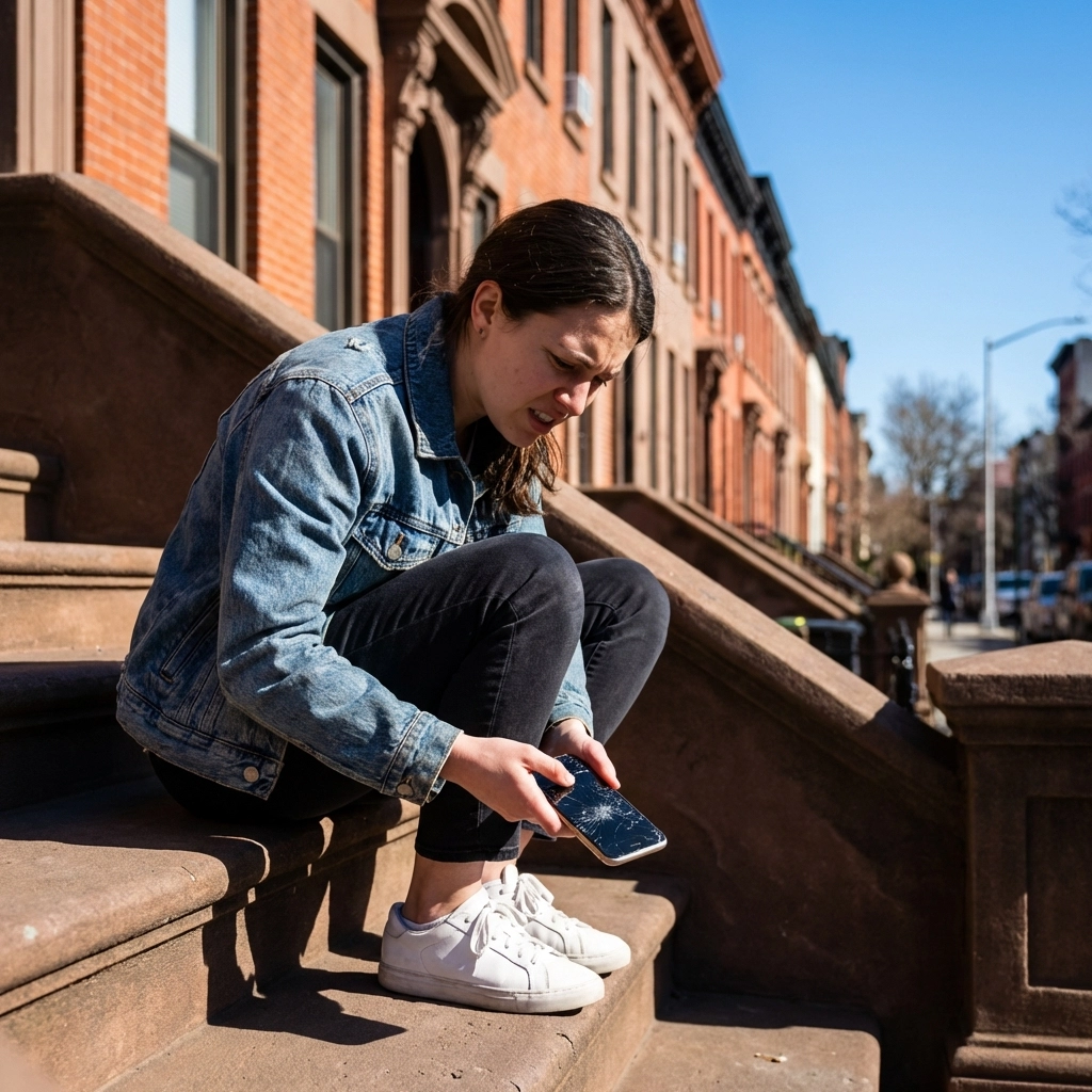 Frustrated woman with cracked iPhone sits on Bed-Stuy brownstone steps, highlighting iPhone repair in Brooklyn