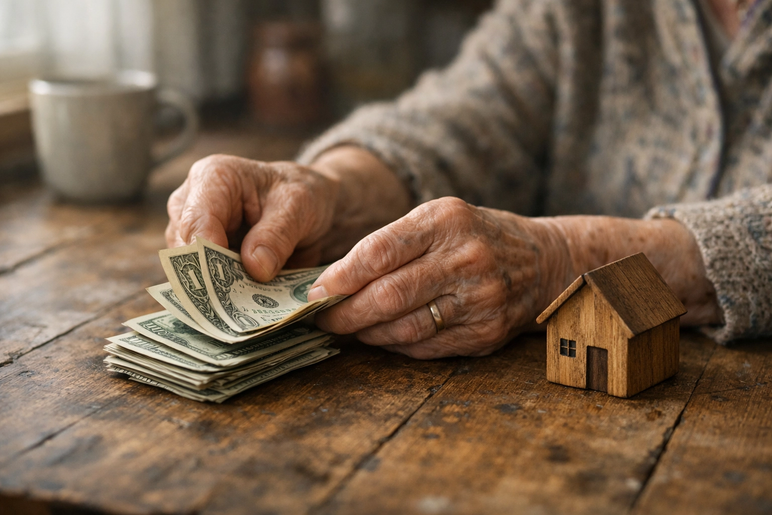 Hands counting money next to a wooden house model, illustrating the affordable housing crisis.