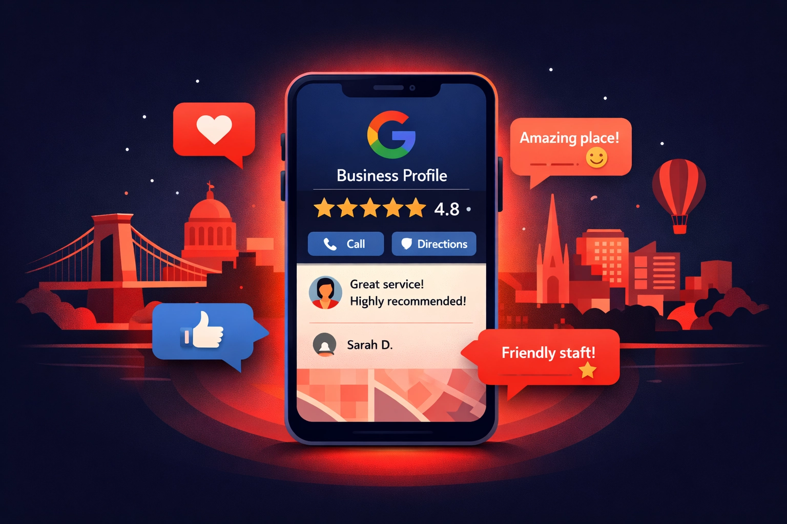 Google Business Profile with customer reviews and Bristol cityscape background