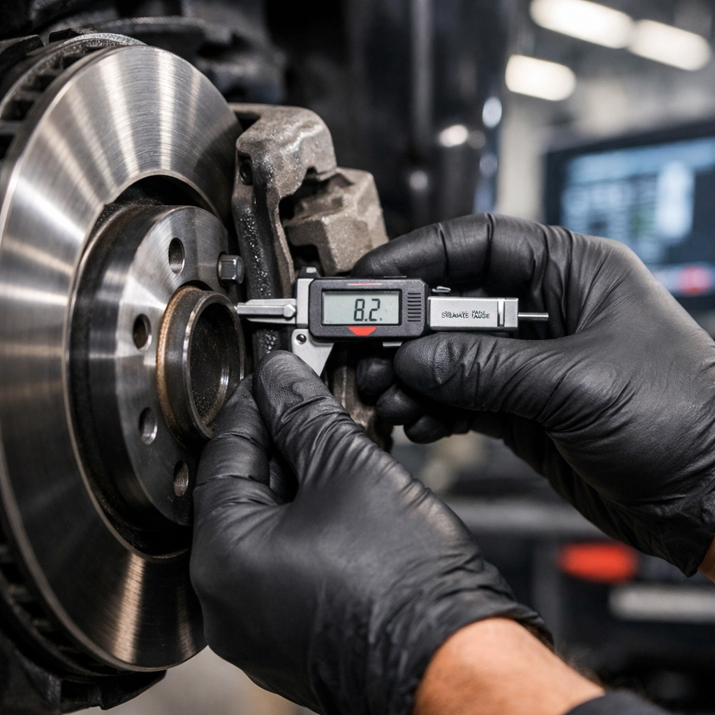 A professional mechanic in San Francisco performing a precise brake pad thickness inspection.