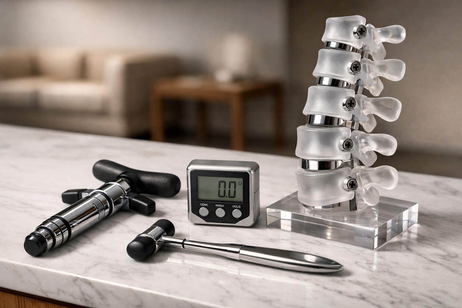 Professional chiropractic diagnostic tools and spine model inside a turnkey St. Petersburg medical practice.