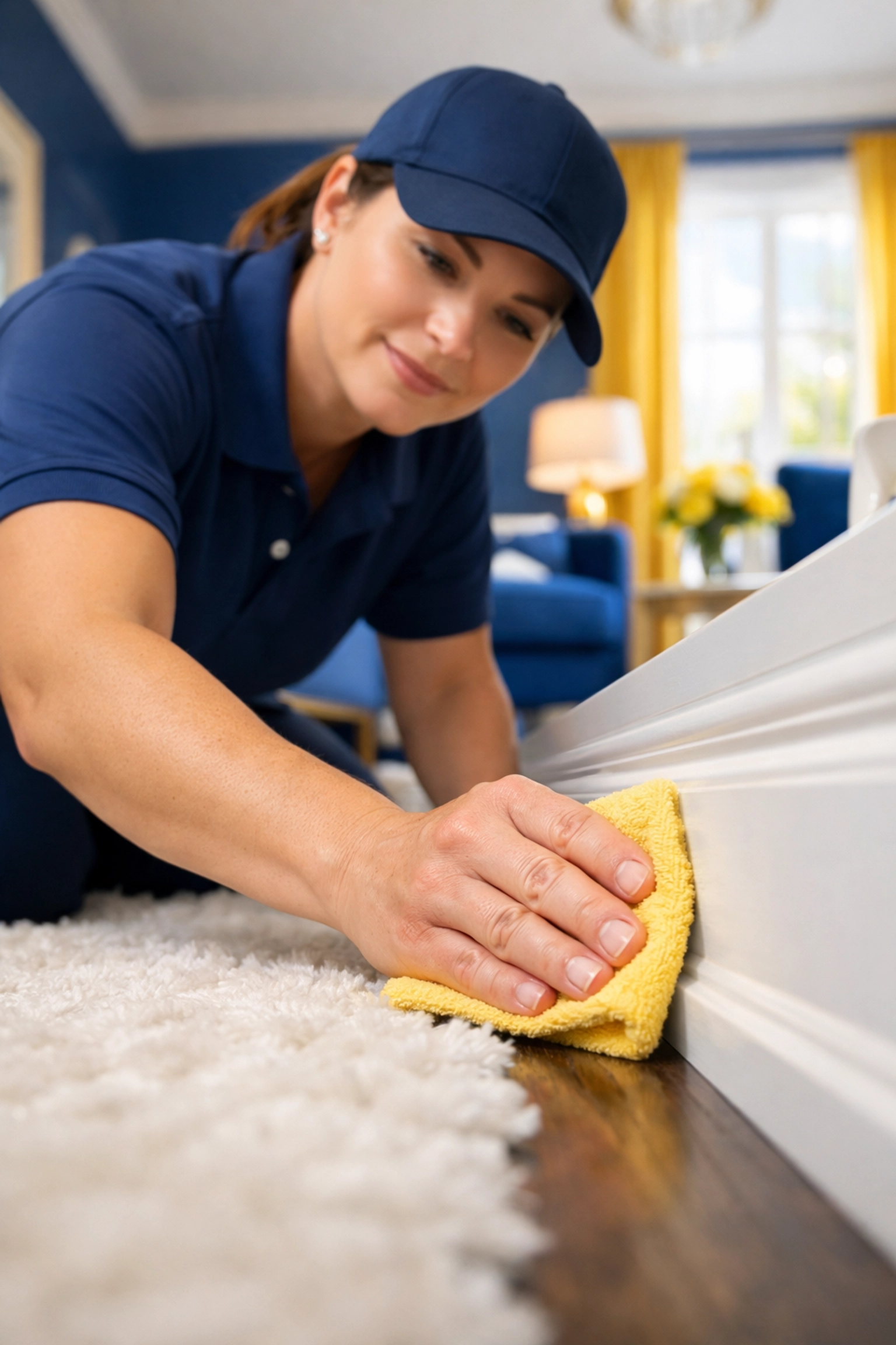 Professional cleaner hand-wiping baseboards during a deep cleaning Franklin residential session.