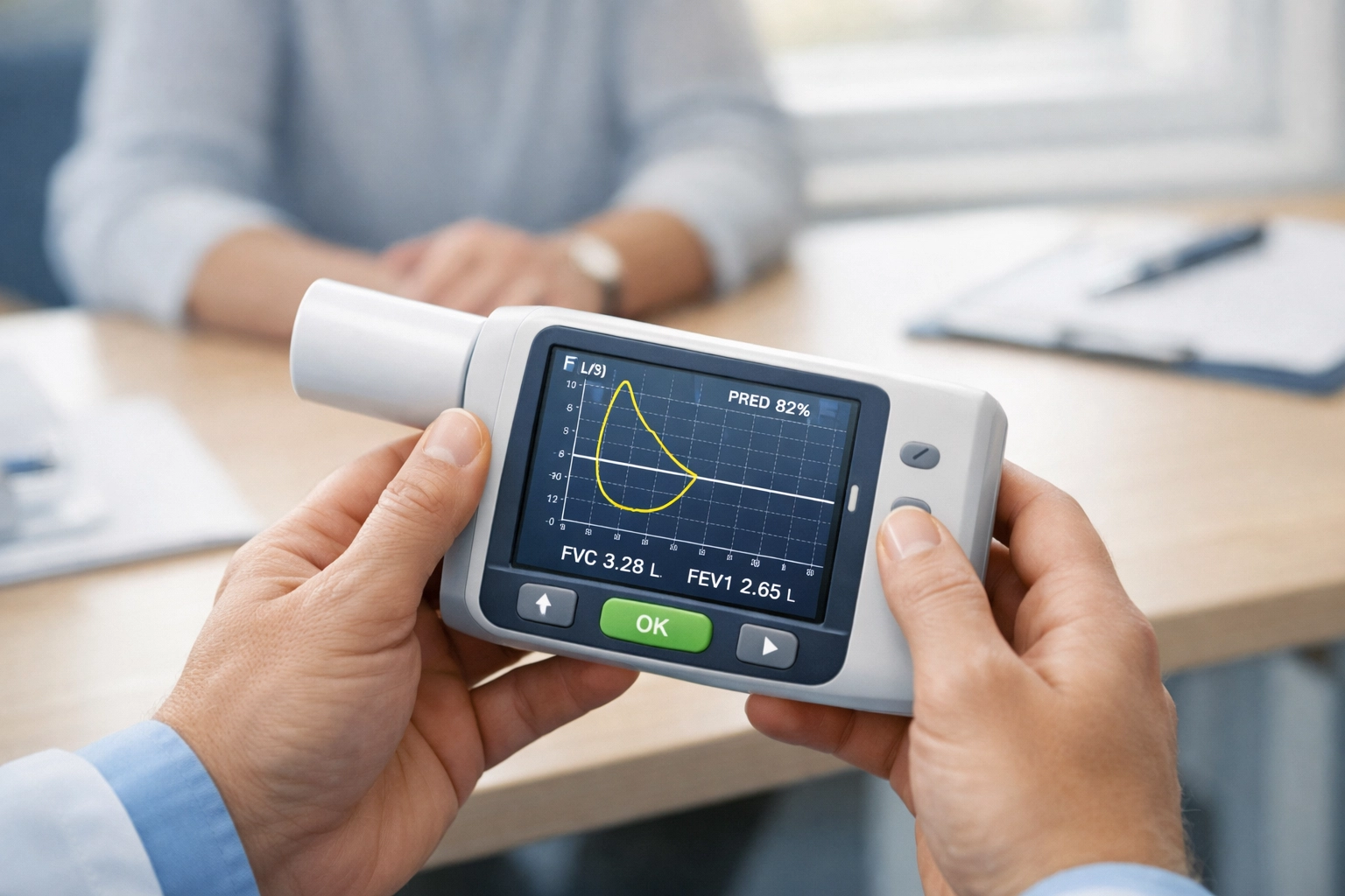 Healthcare professional conducting spirometry test during respiratory consultation in GP surgery