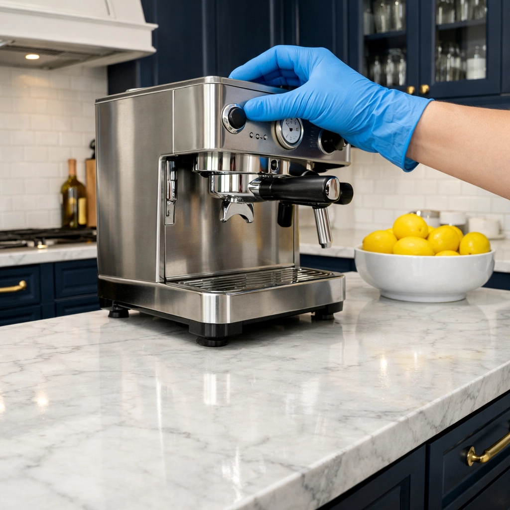 Deep cleaning under kitchen appliances as part of a thorough Winchester cleaning routine.