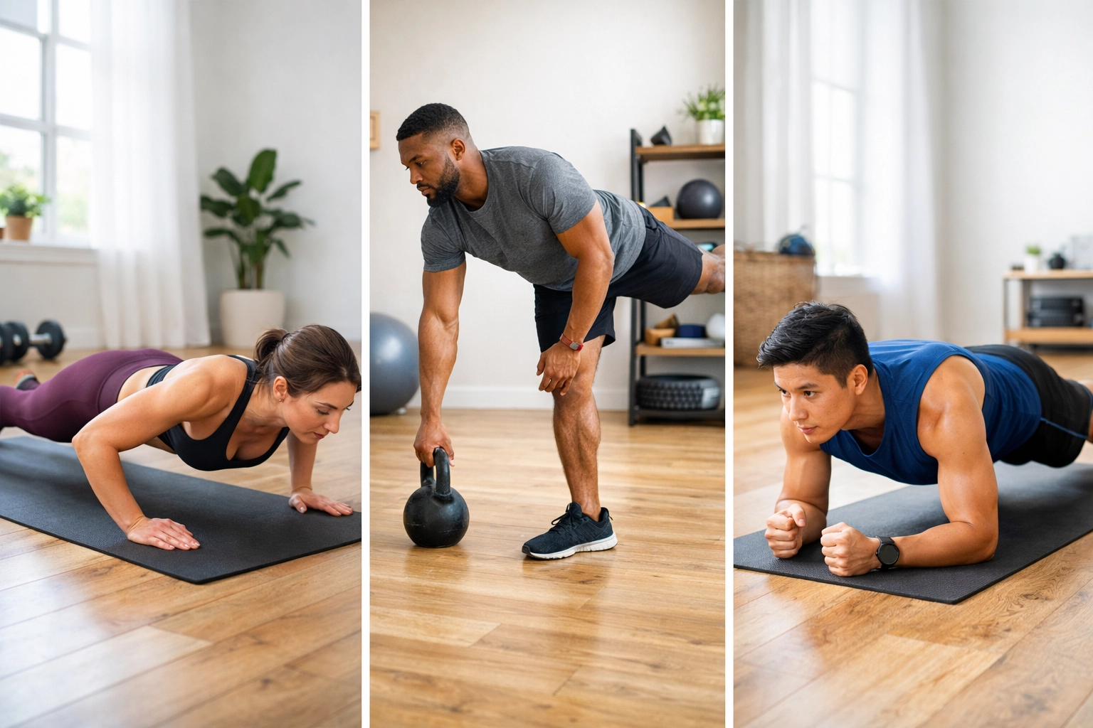 Three essential bodyweight exercises: push-up, single-leg deadlift, and plank demonstrated at home