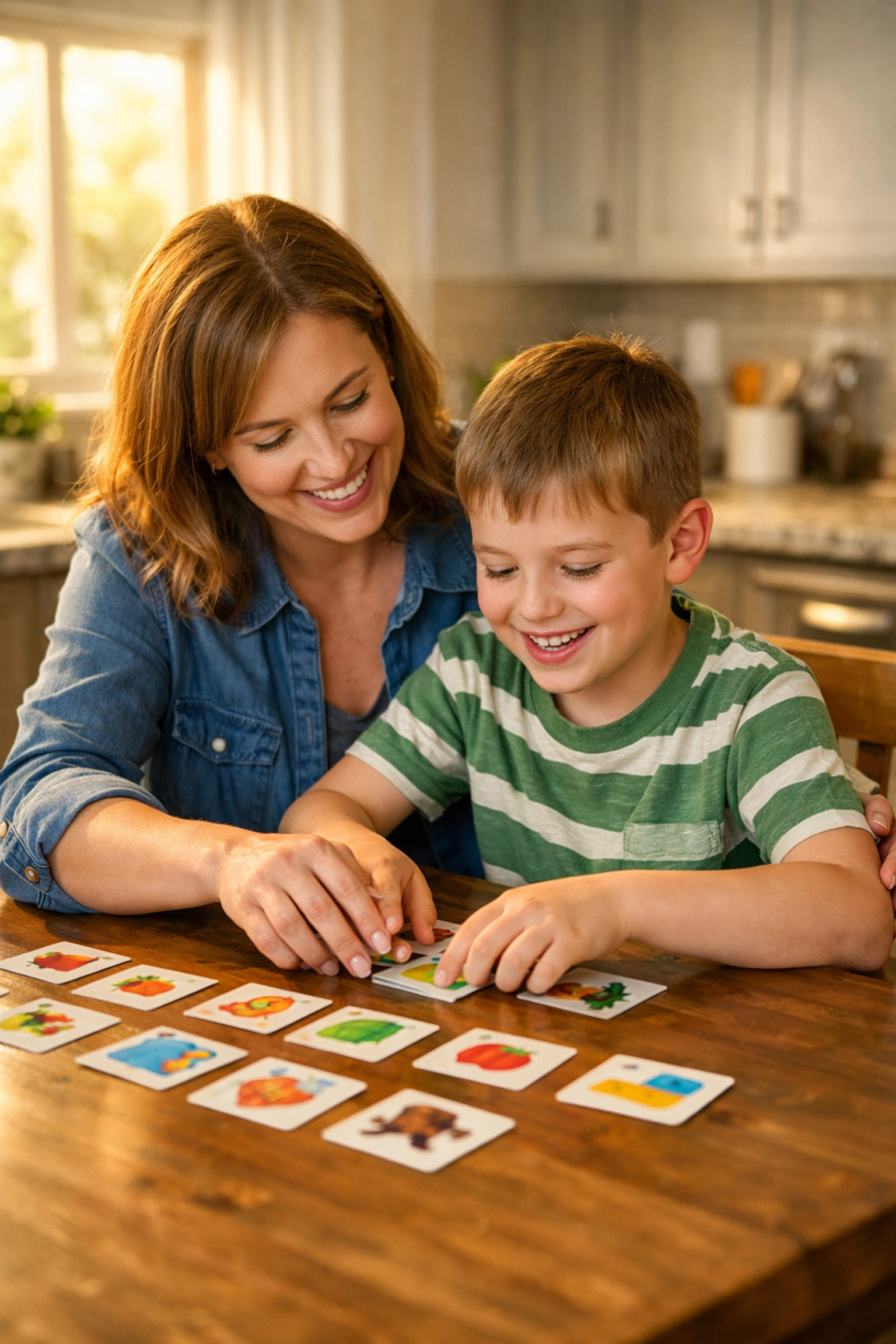 Mother practicing ABA therapy techniques with child at home in Georgia using picture cards