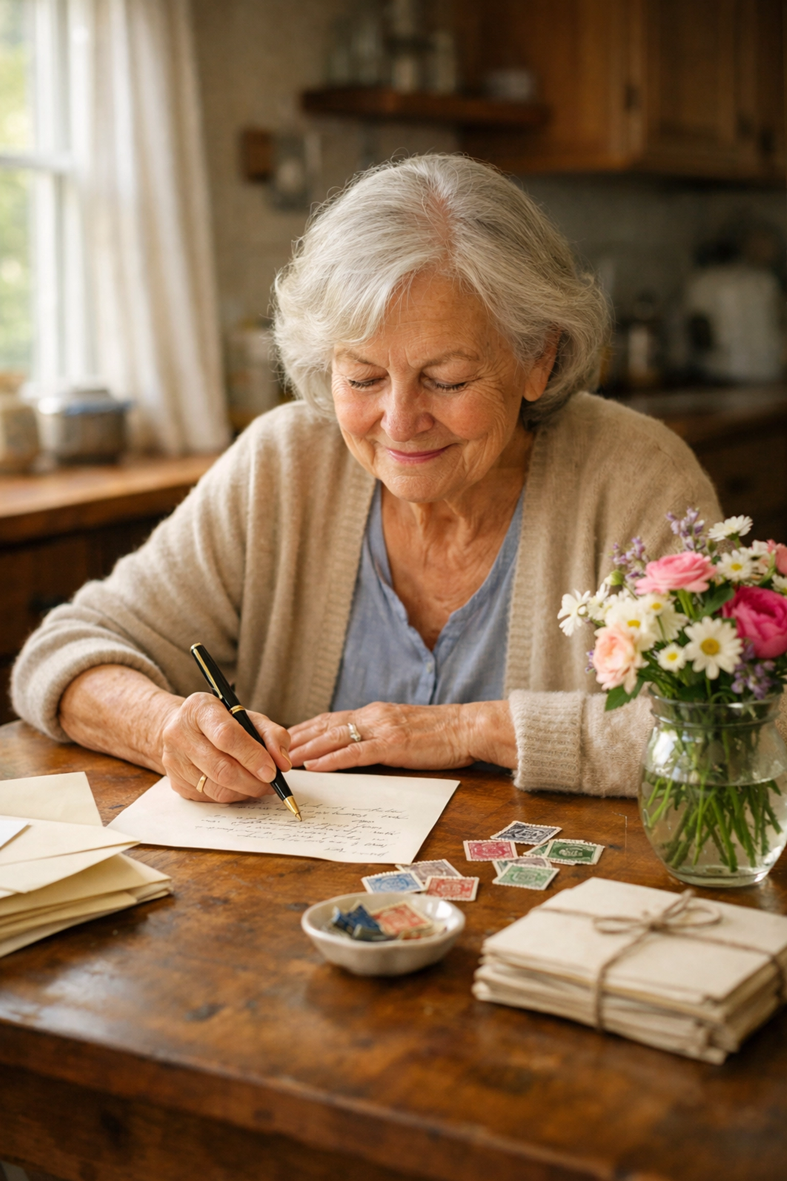 Senior woman writing heartfelt letter at kitchen table with stationery and flowers